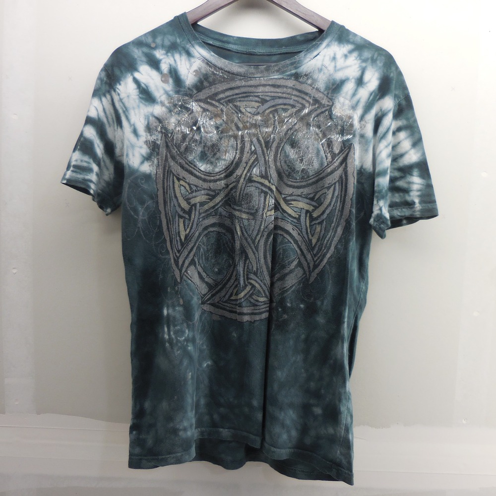 Affliction Mens Celtic Shield Graphic Tie Dye T-Shirt Green Medium Distressed